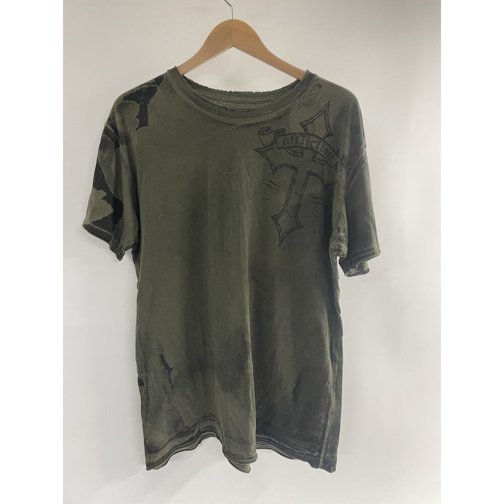 Affliction Los Angeles Army Green Cotton Shirt Skull Wings Size X Large